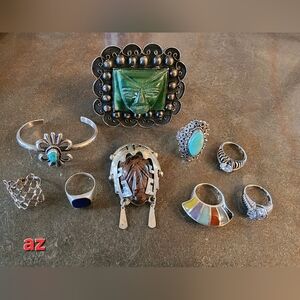 Sterling Silver Native American Bracelet, Mexico Pin,Lot Assorted Women's Rings